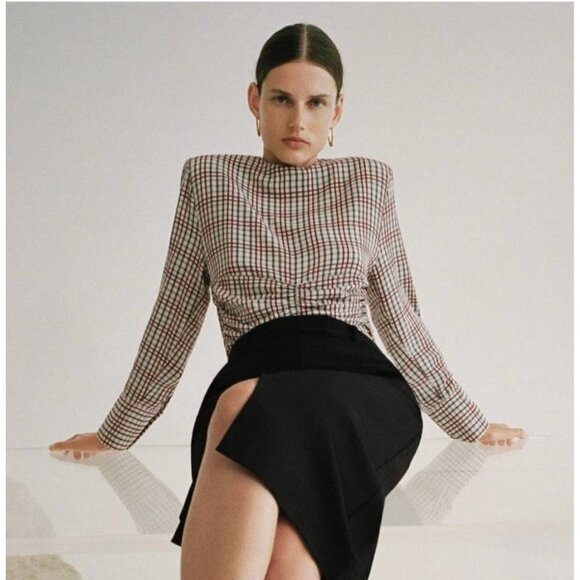 Zara‎ Plaid Cropped Top Size L Preppy Dark Academia Ruched Office Scalloped Hem - Picture 3 of 12